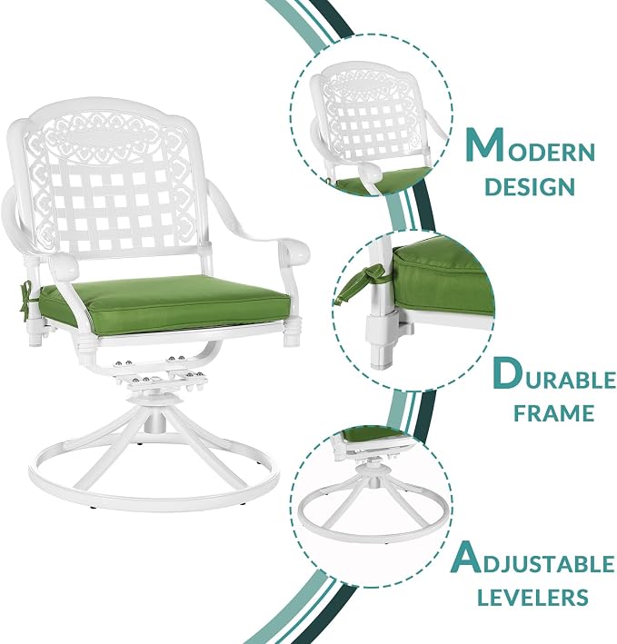 MEETWARM 5-Piece Outdoor Patio Dining Set, All-Weather Cast Aluminum Patio Conversation Set with 4 Cushions Swivel Rocker Chairs for Backyard Garden Deck and 35.4" Round Table, White
