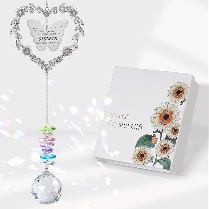 Suncatcher Gift for Sister Birthday, Best Sister Ever Crystal Ornament | Heart-shaped Gift for Big Sister, Unique Long Distance Gifts for Sister Adult, Indoor Window Decoration Sun Catcher