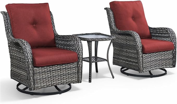 Outdoor Swivel Rocker Patio Chairs with Side Table 3 Pieces PE Wicker Patio Furniture Set for Porch Deck Balcony Garden-Grey/Red