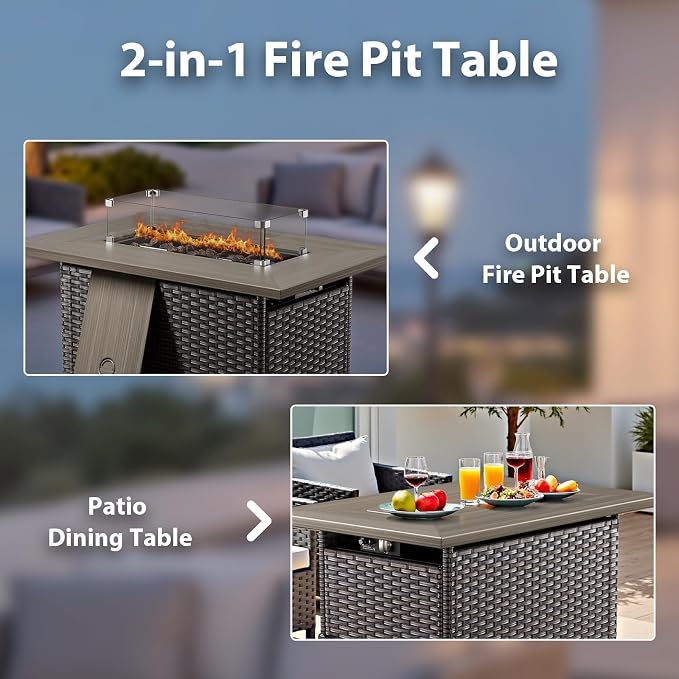 Patio Furniture Set with Fire Pit Table - 6 Pieces All-Weather Wicker Outdoor Furniture with High Back Swivel Chairs Set of 2 Outdoor Couch for Deck Balcony Backyard Blue