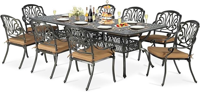 9-Piece Patio Cast Aluminum Dining Set, Outdoor Dining Furniture Set for 8 Person, Includes 94.5" Rectangular Dining Table and 8 Cushioned Chairs with Umbrella Hole for Deck Garden, Tan