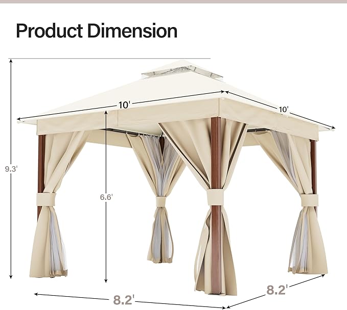 LAUSAINT HOME Patio Gazebo 10'x10' Wood-Grain, Outdoor Heavy Duty Party Tent Shelter with Double Roofs, Mosquito Nettings and Privacy Screens for Backyard, Garden, Lawn, Cream White