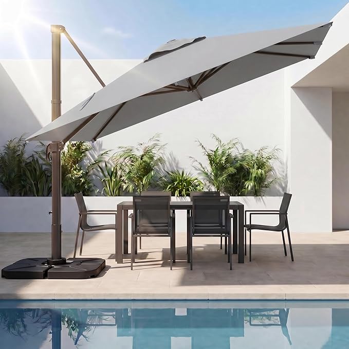 Kingdura 10x10 FT Cantilever Patio Umbrella with Base Included, Large Square Aluminum Offset Outdoor Pool Umbrella, 360° Rotation & 4-Position Tilt, UV Protection for Deck Backyard (Light grey)