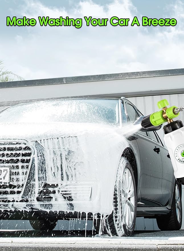 Foam Cannon for Pressure Washer (Wide Mouth), Stainless Steel Filter Thick Snow Car Wash Foam Gun, Adjustable Soap Cannon with 1/4“ Quick Connector, Additional 1.1mm Orifice Nozzle, 1L HDPE Bottle