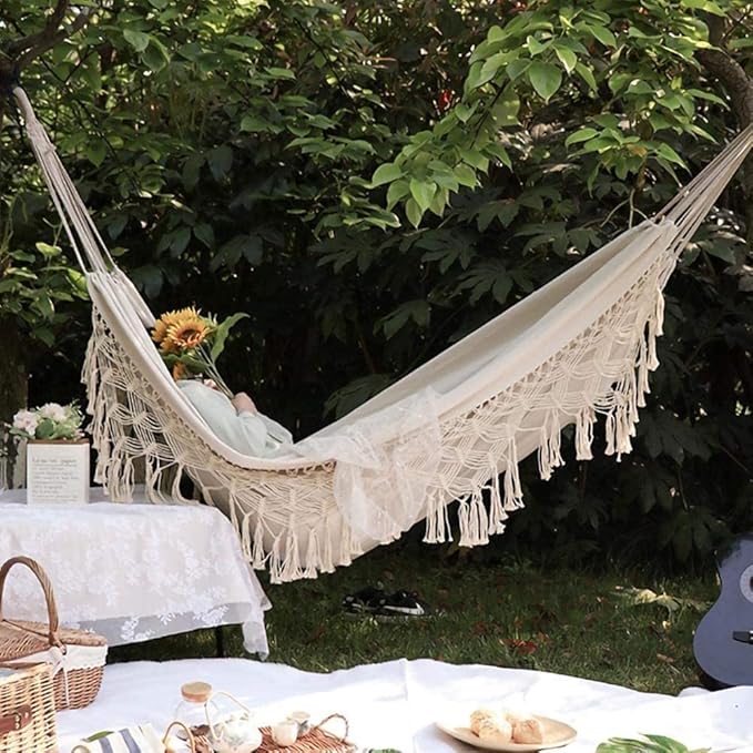 Portable Hammocks Canvas Hammock Macrame Fringed Deluxe Double Hammock Net Swing Chair Indoor Hanging Swing Hammocks Hammock for Outdoor