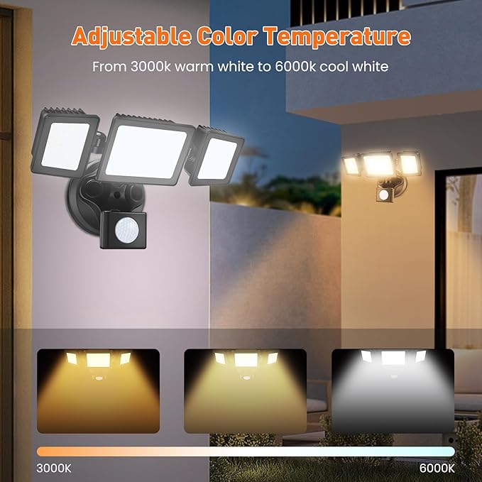 ALUSSO Motion Sensor Outdoor Lights 120V, 36W 3000LM Flood Lights Outdoor Motion Sensor with Remote, Dimmable Brightness 3000K-6000K CCT IP65 3 Heads Outdoor Flood Light for House Garage 2 Pack