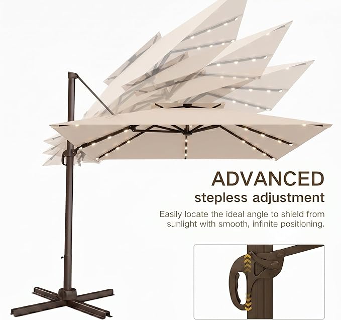 Kingdura Cantilever Patio Umbrella with Double Top Vent, Large Square Aluminum Outdoor Offset Umbrella with 360-degree Rotation, Infinite Tilt, UV Protection for Pool Deck Garden Patio