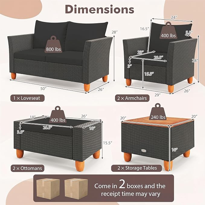 Tangkula 7 Pieces Patio Furniture Set, PE Rattan Sectional Sofa Set with Loveseat, Armchairs, Ottomans & Table, Acacia Wood Tabletop, Outdoor Conversation Set for Porch, Garden & Poolside (Black)