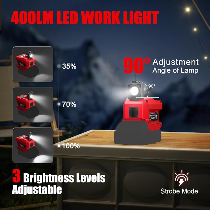 220W Power Inverter Compatible with Milwaukee 18V Battery (Battery Not Included), DC 18V to AC 110V Portable Power Station with 400LM LED Light, 1 AC Outlet, 2 USB & 1 Type‑C Fast Charging