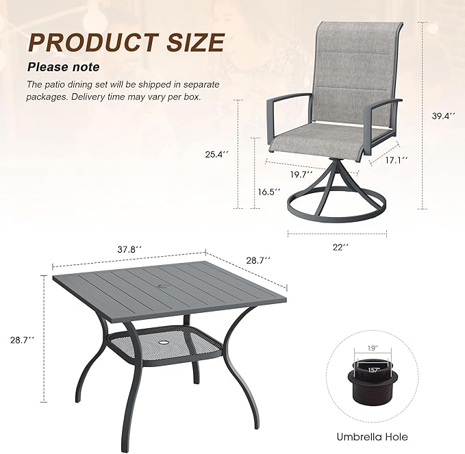 VICLLAX 5 Pieces Outdoor Dining Set, Patio Furniture Set Includes 38" Square Metal Table W/ 1.9" Umbrella Hole and 4 Padded Textilene Swivel Chairs for Porch, Lawn, Garden, Backyard