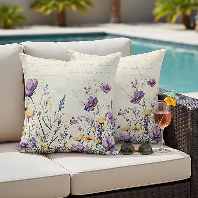 Spring Floral Outdoor Waterproof Throw Pillow Covers Set of 2, 20"x20", Purple Yellow Flower Leaves Retro Letter Texture Decorative Pillow Covers Outside Cushion Case for Patio Porch Garden