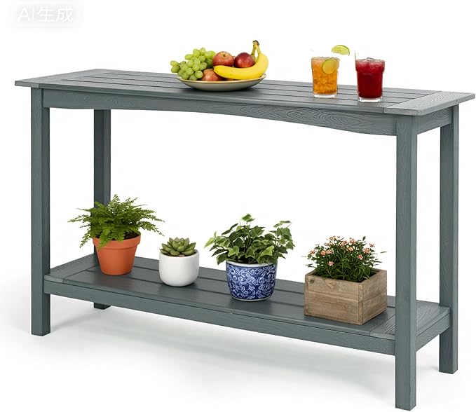 Outdoor Console Table, All-Weather 2-Tier Patio Console Table, Outside Plant Stand Table, Low Maintenance, Never Rot or Fade, HIPS Table for Indoor, Backyard, Garden, Entryway, Grey