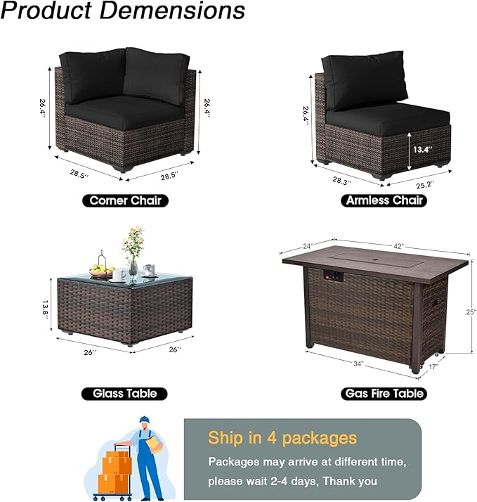 8 Piece Patio Furniture Set with Fire Pit Table, Outdoor Sectional Sofa PE Rattan, Patio Conversation Sets with Cushions for Garden Lawn Balcony Porch Deck Black
