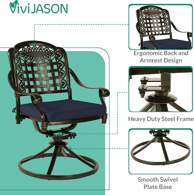 VIVIJASON 9-Piece Outdoor Dining Furniture Set, Cast Aluminum Patio Table & Chairs Set for 8, Include Large 64" Square Dining Table and 8 Swivel Rocker Chairs with Umbrella Hole, Navy Blue