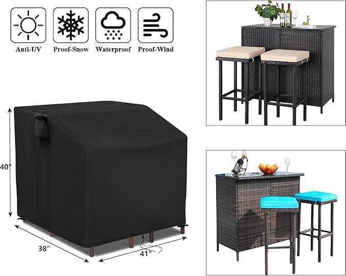 Patio Bar Set Cover, 41 Inch Waterproof Heavy Duty Outdoor Wicker Bar Table Cover, Outdoor Furniture Set for Stools and Glass Top Table Chair Covers - 41"L x 38"W x 40"H