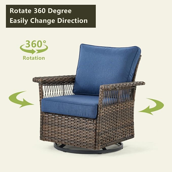 Outdoor Wicker Patio Furniture Set - 5 Piece Rattan Patio Conversation Sets with 2 Rocking Swivel Chairs,2 Ottomans and 1 Sofa for Porch Deck Garden(Brown/Blue)
