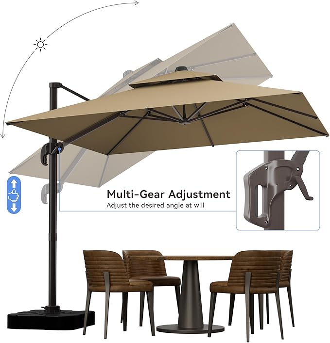 10x10FT Beige Brown Cantilever Outdoor Patio Umbrella with Base, Large Square Offset Design, Double Top Heavy Duty Aluminum Frame & 360° Rotation for Pool Garden Deck Backyard