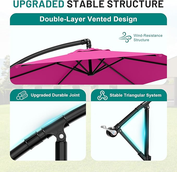 AreShark 10FT Patio Outdoor Umbrella, Offset Patio Umbrella Cantilever Umbrella, 6 Sturdy Ribs, Easy Adjustment for Garden Market Pool with Cross Base (Rose Pink)