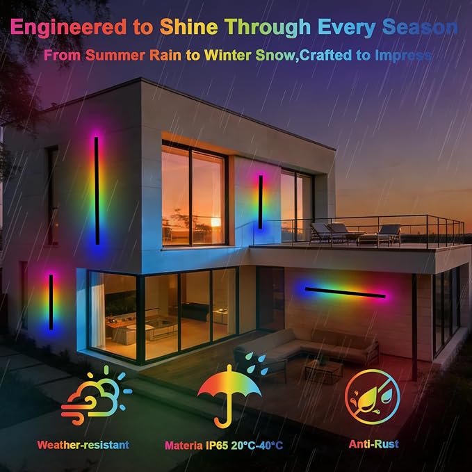 RGB Outdoor Wall Lights, Ip65 Waterproof Linear Led Modern Wall Sconce, 7 Colors and 358 Light Effects, Dimmable with Remote Modern Linear Exterior Light Fixture 47.25 inch (1 Pack)