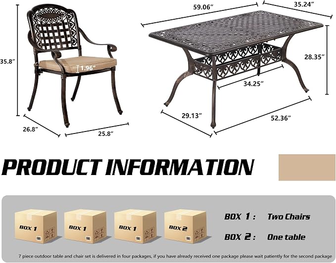 TITIMO Cast Aluminum Patio Dining Set 7-Piece with Cast-Top Table and Chairs with Cushions,Outdoor Furniture Set for Backyard Porch Pool (6 Love Chairs+Rect Table+Khaki Cushions)