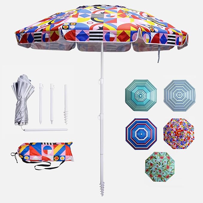 LOTTAFUN 6ft Beach Umbrella - Heavy Duty Wind Resistant UV 50+ Portable Sun Shade with Sand Anchor & Carry Bag, Outdoor Folding Umbrella for Beach, Pool, Patio, Garden (Print Flower) No tilt The sand needs to exceed the spiral 6inch