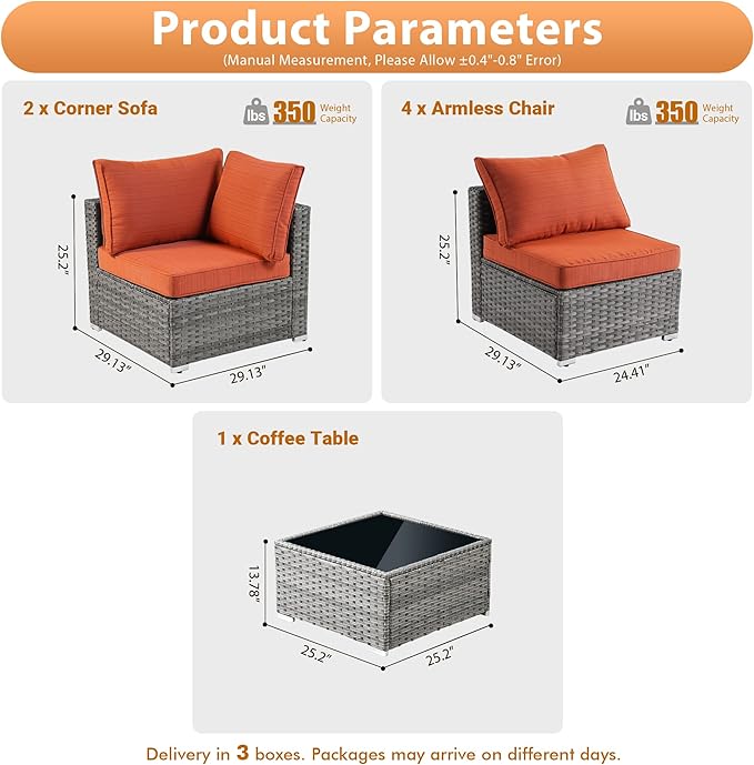 7 PCS Outdoor Patio Furniture Sets,Wicker Weather Resistant Patio Conversation Set with Comfy Cushions,Modular L Shaped Sofa with Coffee Table for Yard Backyard Porch Garden Poolside,Orange Red
