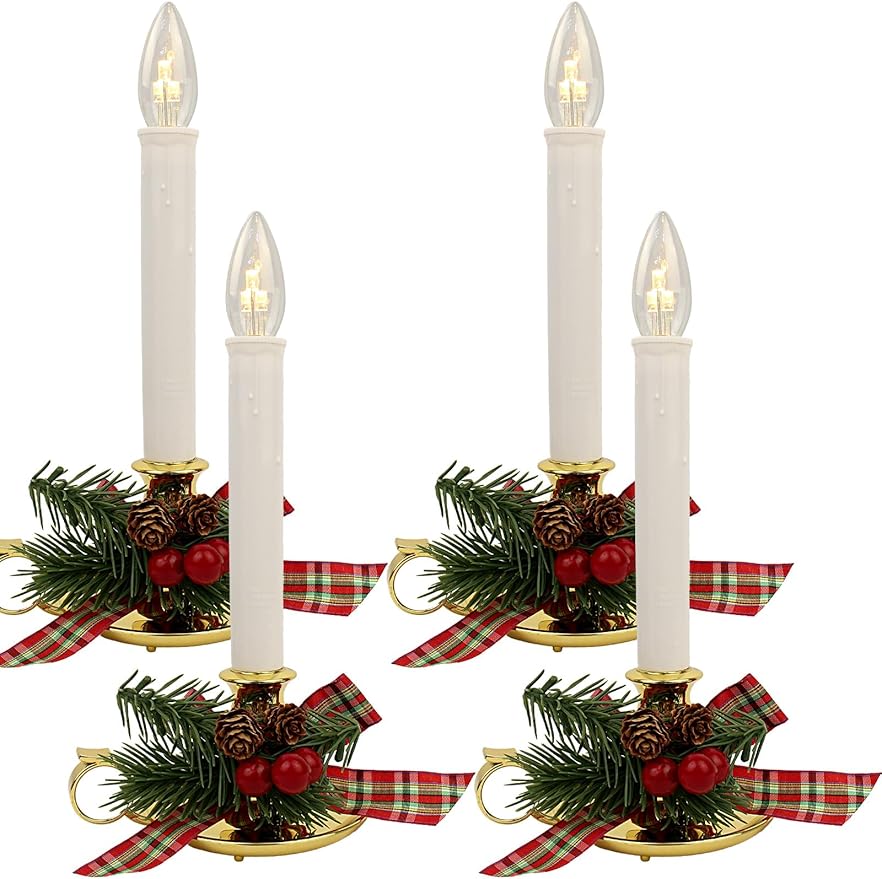 Set of 4 Decorated Christmas Window Candles, Gold Handle Base & Festive Berries for Holiday Home Décor (Batteries Not Included，Features a Built-in Automatic Timer)