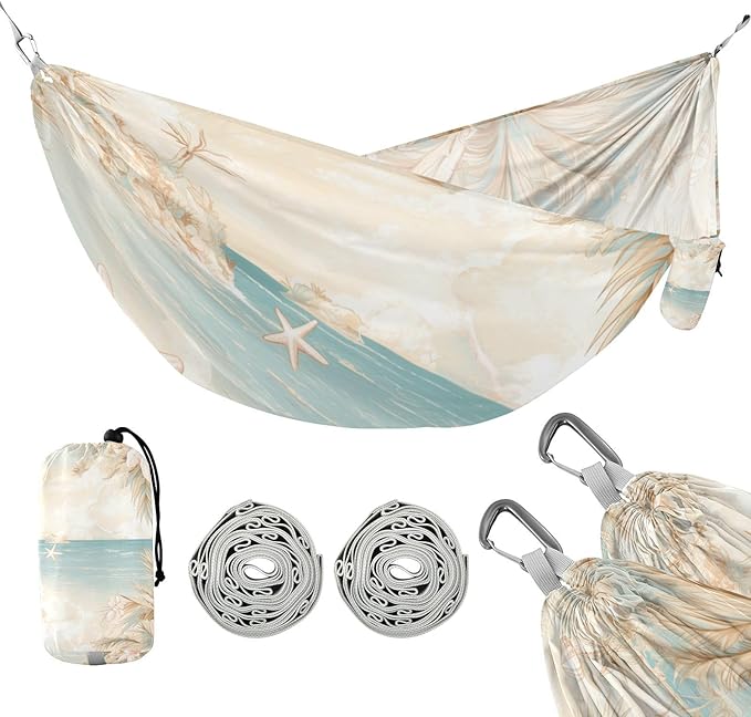Blue and White Summer Beach Flowers 330lb Capacity Camping Hammock Portable Hammock for Indoor Outdoor Patio hamaca con Base para adultos