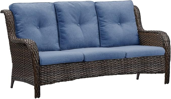 Rilyson Outdoor Couch Wicker Patio Sofa - 3 Seat Rattan Sofa with Deep Seating and Comfortable Cushions for Outside Porch Deck Balcony Garden(Brown/Blue)