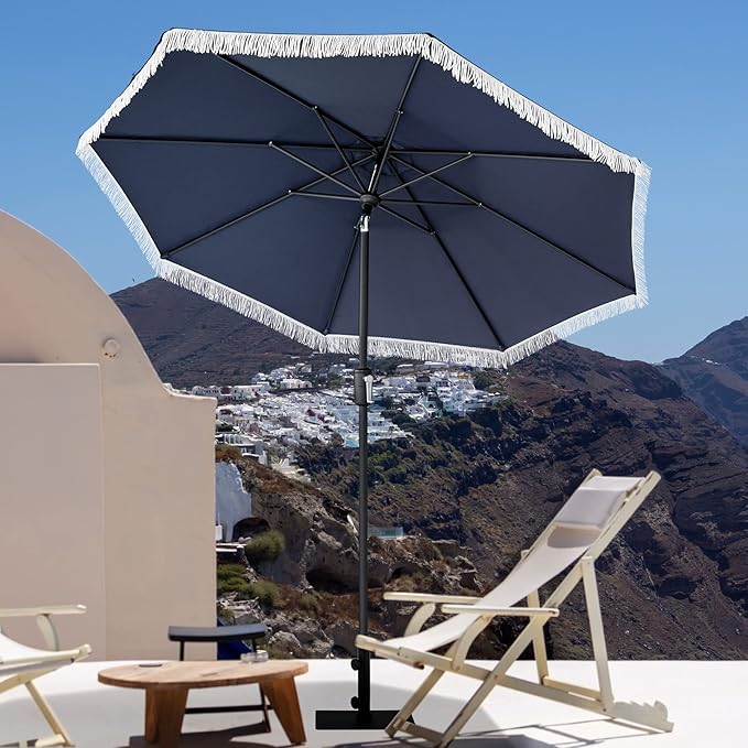 Tempera 9ft Auto Tilt Patio Umbrellas with Fringe, Outdoor Market Umbrellas with Fade Resistant Canopy, 8 Sturdy Rids, Luxurious Vintage Umbrellas for Lawn, Pool, Deck, Balcony