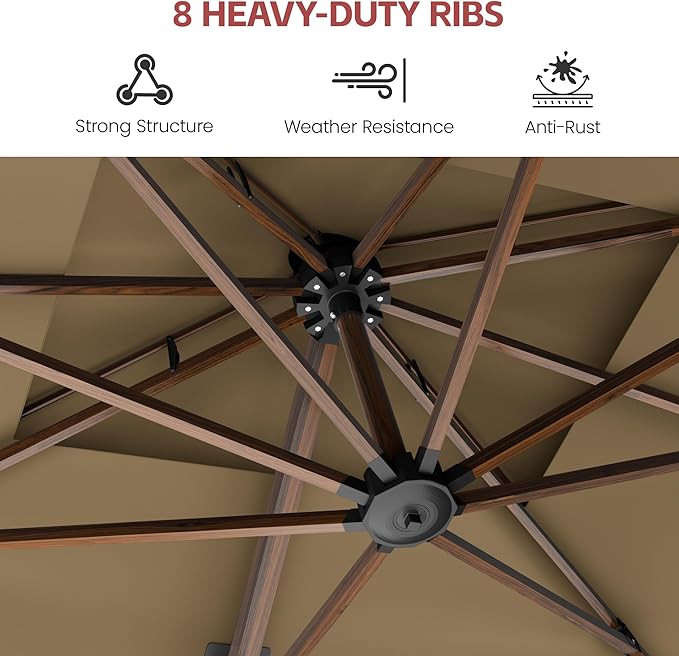 GENTEACO 10x13FT Rectangle Cantilever Patio Umbrella w/Base Included, Deluxe Wood Pattern Pole & 7 Angle Tilts, 360° Rotation, Offset Hanging Market Umbrellas for Garden Pool Patio, Tan