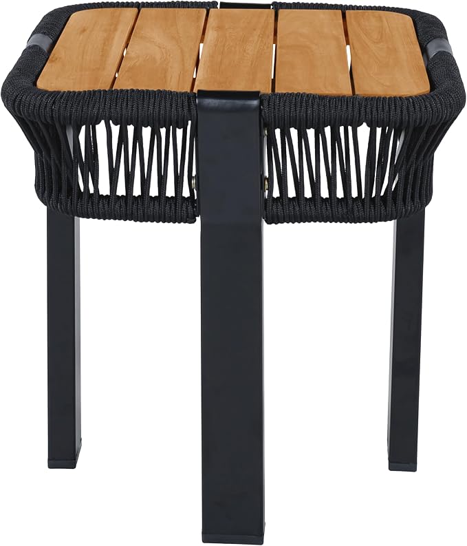 Acacia Wood Side Table, Square Outdoor End Table with Rope & Metal Frame, Small Outdoor Table for Patio, Garden, Poolside, Deck w/UV-Resistant Frame,120 lbs Capacity, Black+Teak