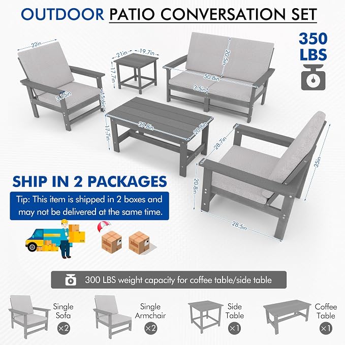 3-Piece HDPE Patio Furniture Set, All-Weather Outdoor Sectional Sofa Set with Side Table & Cushions - Wood-Like Composite Conversation Couch for Deck, Lawn, Balcony - Grey Frame