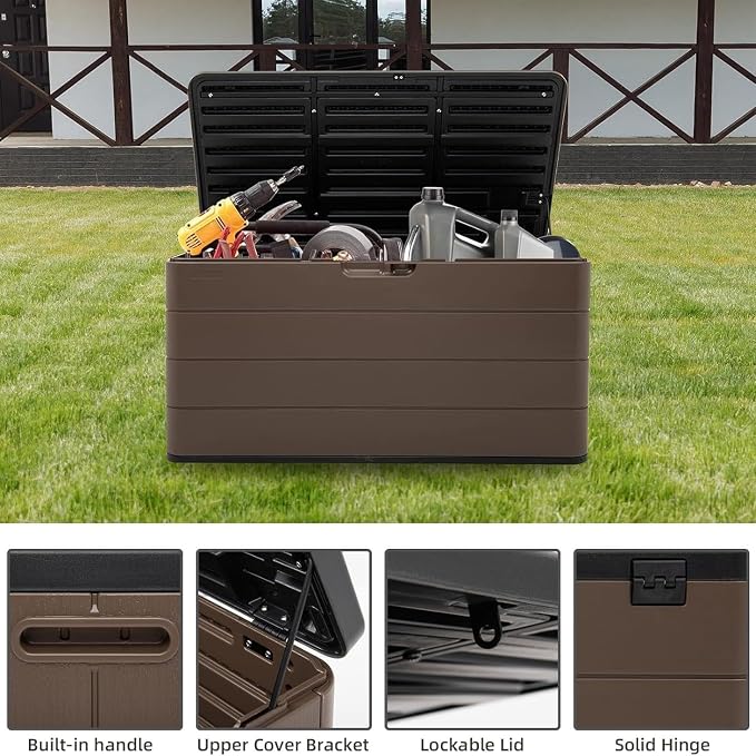 TARKARI 105 Gallon Pro Deck Box, Outdoor Storage Box Lockable for Patio Furniture, Garden Tools, Pool Accessories, UV-Resistant for All Weather Use, Brown