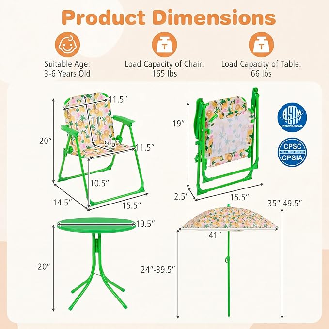 KOTEK Kids Picnic Table with Umbrella, Outdoor Table & 2 Folding Chairs, Cute Pattern Children’s Patio Furniture, Portable Kids Table and Chair Set for Backyard, Garden, Beach (Green Forest)