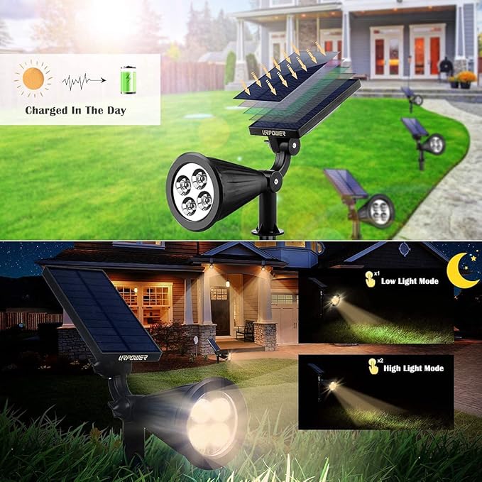 URPOWER Solar Lights Outdoor, 2-in-1 Solar Spot Lights Waterproof with 2 Lighting Modes, Adjustable Solar Powered Spotlights Auto On/Off Landscape Lights for Yard Garden Pathway, 4 Pack (Warm White)