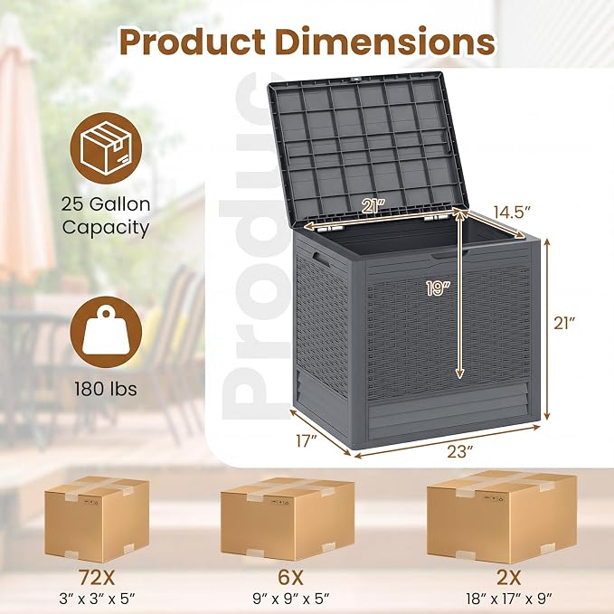 Tangkula 25 Gallon Outdoor Storage Box, Waterproof PP Resin Patio Storage Box with with Lockable Lid for Indoor & Outdoor Use, 2-in-1 Rattan Design Deck Box for Patio Cushions, Garden Tools