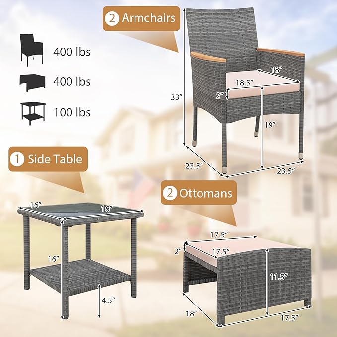 HAPPYGRILL 5 Pieces Wicker Patio Conversation Set, PE Rattan Porch Chairs with Ottomans, 2-Tier Coffee Table, Cushions, Outdoor Furniture Set for Garden, Poolside, Balcony