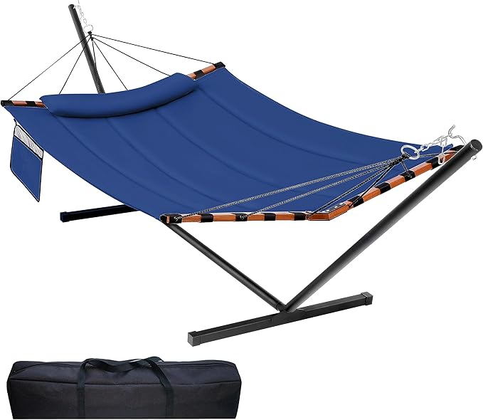 TegerDeger 12FT 2 Person Hammock with Stand Included 55 x 79IN Large Hammock 450LB Capacity with Hardwood Spreader Bar & Nylon Rope for Outside, Patio, Garden, Backyard, Beach - Deep Blue