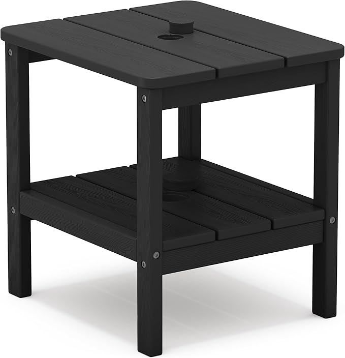 SERWALL 2-Tier HDPE Outdoor Side Table with Umbrella Hole, Weatherproof Rectangular Adirondack Side Table, Black