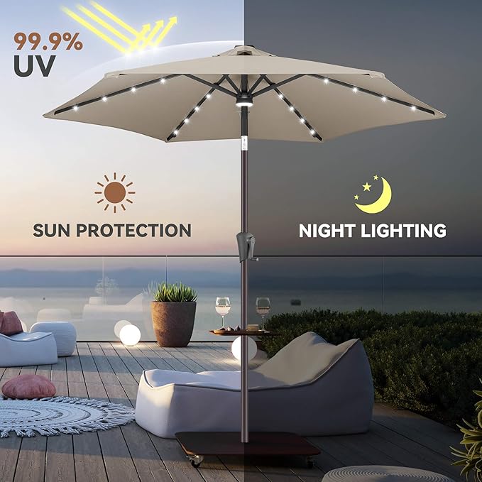 7.5FT Solar Umbrella Outdoor - Lighted Solar Patio Umbrella with 24 LED Lights Waterproof UV Protection, Table Umbrella with Tilt for Pool, Porch, Garden, Deck, Backyard (Taupe)