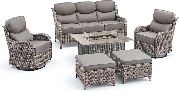 Luxury Patio Furniture Set with Fire Pit Table-6 Pieces All Weather Outdoor Swivel Rocker Chairs with Sofa and Ottomans. Outdoors Patio Conversation Sets for Porch Deck Garden Backyard(Grey/Grey)