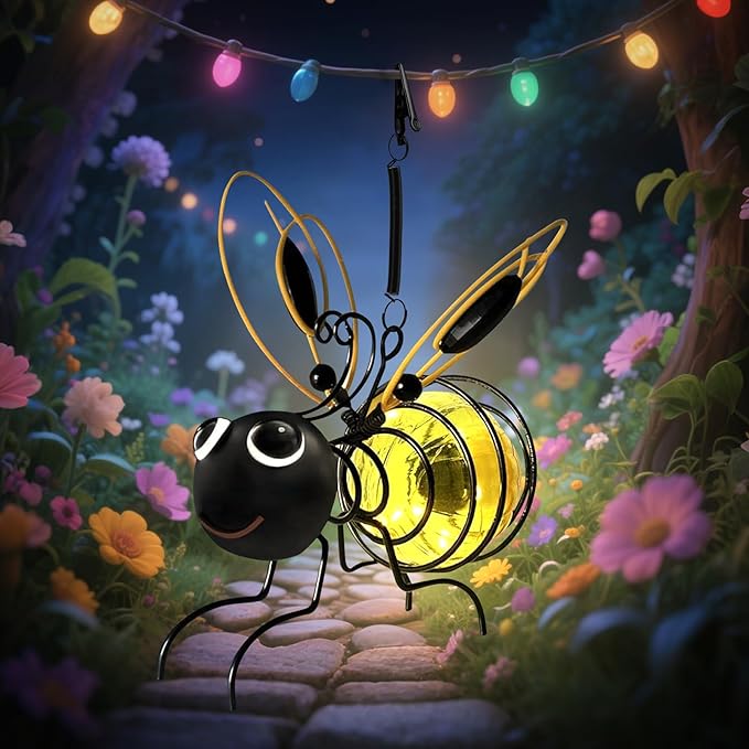 Solar Bees Lights Outdoor, 2026 New Hanging Bee Solar Garden Lights,IP44 Waterproof,Outdoor Statues Figurine Light Decorations for Balcony,Garden,Porch,Courtyard Decoration (1Pcs)