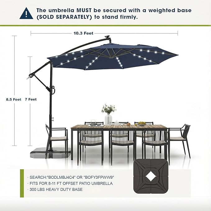 wikiwiki 10ft Solar Offset Patio Umbrella, Outdoor Cantilever Patio Umbrellas with Solar LED Lights for Backyard, Poolside and Garden, Easy Tilt Adjustment, 32 LED Lights & Polyester Shade, Navy Blue