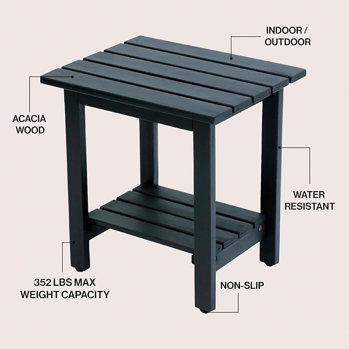 JONATHAN Y Kellie 16" Modern Black Acacia Wood Outdoor Side Table with 2-Tier Storage, Weather-Resistant Rectangular Slatted End Table for Patio, Garden, Deck, and Porch END6001B