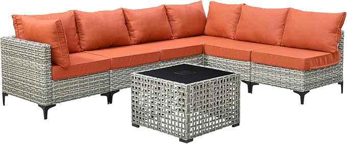 Outdoor Patio Furniture Sets,7 PCS Patio Conversation Set Outside Rattan Sectional Sofa with Coffee Table Fit Backyard Porch Garden Poolside Balcony