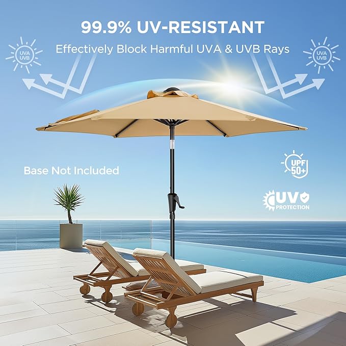 HOMSHADE 7.5ft Outdoor Patio Umbrella - Market Table Pool Deck Umbrella UPF50+ UV Protection with Push Button Tilt, Crank and 6 Sturdy Ribs (Beige, No base)