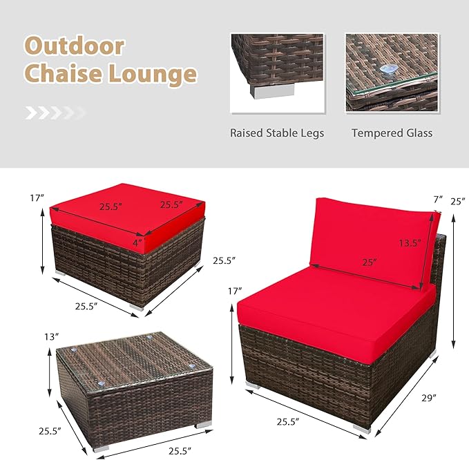 Tangkula 5 Piece Wicker Lounge Chair Set, with Tempered Glass Coffee Table, Outdoor Conversation Sets w/Washable Zippered Cushions, Includes 2 Armless Sofas, 2 Ottomans and 1 Side Table (Red)