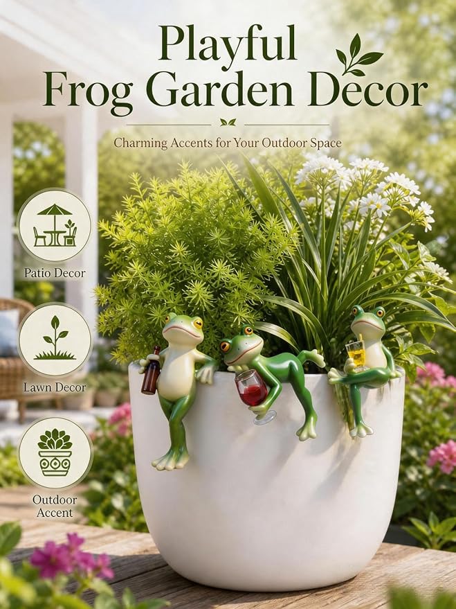 3 PCS Tipsy Frog Pot Hugger, Miniature Frog Figurines Plant Decorations for Pots, Resin Frog Garden Decor Outdoor, Frog Planter Hanger Statue for Flower Pot Yard Lawn Patio, Funny Frog Gifts for Women