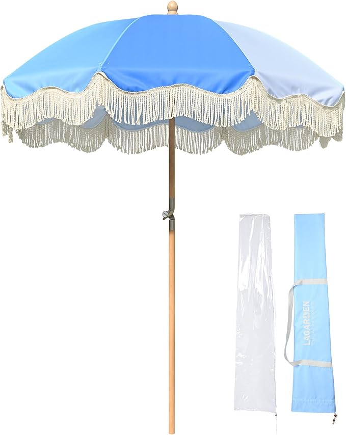 LAGarden Fringe Patio Umbrella with Carry Bag & Cover Vintage Wood for Event Outdoor Garden Yard Wedding Bistro Table